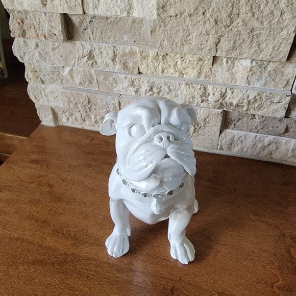 White glossy  english Bulldog figurine rhinestone collar - Picture 10 of 13